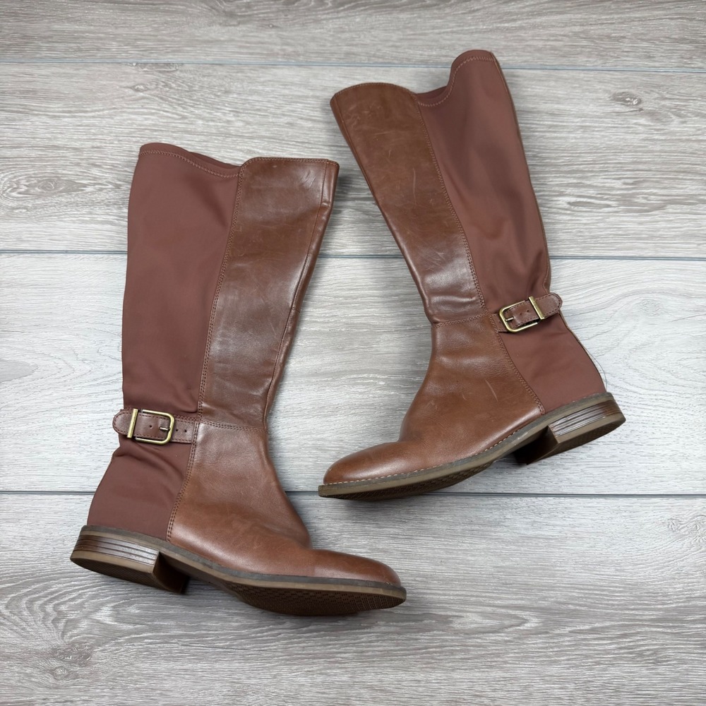 Clarks Womens Tall Boots Leather Textile Buckle Brown 8